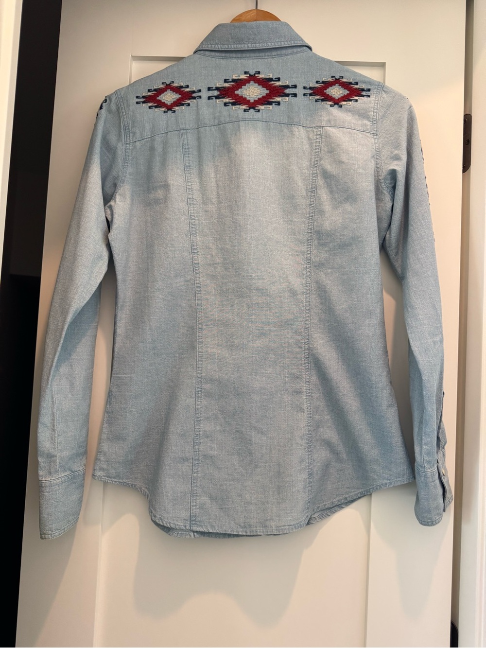 Cavender’s Rock & Roll Cowgirl Embroidered Light Wash Denim Top - Picture 2 of 8